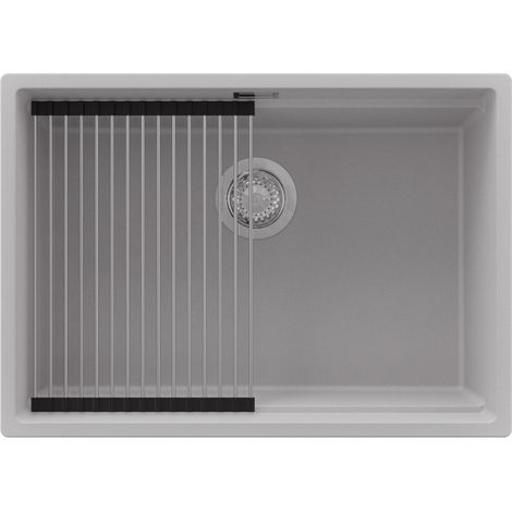 PRIMAGRAN Evier Cuisine en Granit 66x47cm,Lavabo 1 bac + Kit de Vidage + Égouttoir Enroulable, Évier à Encastrer au meuble 70cm - Prague Slim, Gris (1/5)