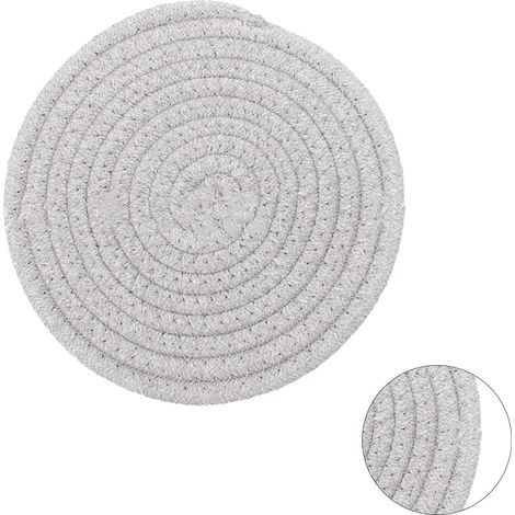 Dessous de verre rond en coton tissé à la main, 11 cm d'épaisseur, isolant et polyvalent, pour table et cuisine, gris clair. (1/5)