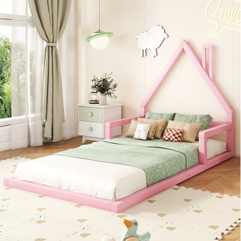 DESVIAE Lit enfant cabane 90 x 200 cm en pin massif et MDF rose structure basse design simple pour chambre enfant (1/5)