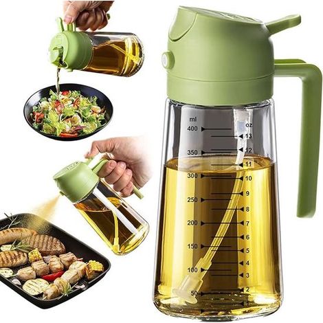Distributeur d'huile d'olive 2 en 1 - distributeur d'huile d'olive, vaporisateur d'huile, flacon d'huile - 472 ml - Verseur d'huile - Gradué - Pour la cuisine - Plastique - Vert transparent (1/5)