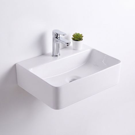 Relaxdays Lavabo sospeso squadrato, 11x37x27 cm, foro rubinetto, senza troppopieno, ceramica effetto loto, bianco (1/5)