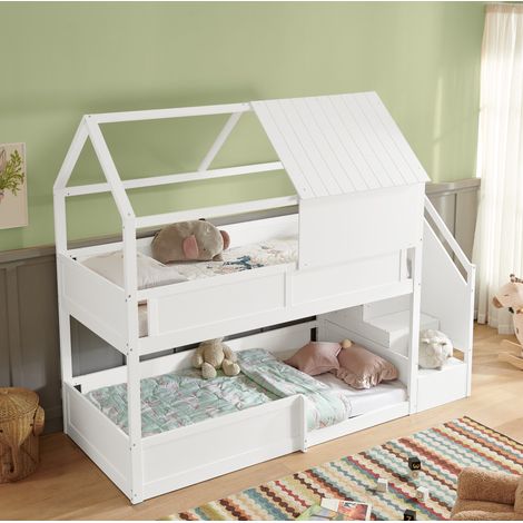 Lit mezzanine superposé 80x200 cm blanc en bois massif avec toit, échelle et barrières de sécurité (1/5)