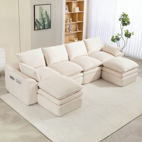 Sofá modular de 4 plazas de terciopelo acanalado (pana) con 2 pufs, cojines y 2 bolsillos laterales, beige, 335x167x85 cm (1/5)