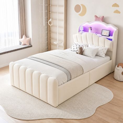 Lit enfant 90 x 200 cm en tissu velours beige, gain de place avec rangement pour chambre, FloraGrace (1/5)