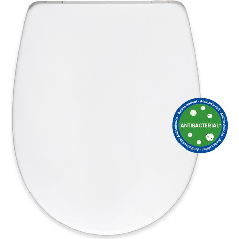 Abattant WC antibactérien déclipsable avec frein de chute – Fixation inox – Dimensions 40,5 x 37,1 x 6,5 cm – Compatible cuvettes standards – Bemis