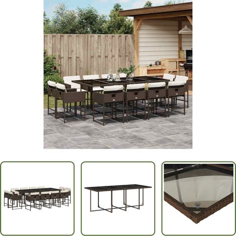 Gartentisch - 13-tlg. Garten-Essgruppe mit Kissen Braun Poly Rattan (1/5)