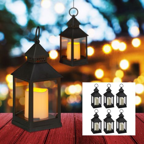 Relaxdays Set de ocho faroles LED de jardín, Vela con efecto de llamas, Iluminación de exterior, Colgante o de pie, 23 cm, Negro