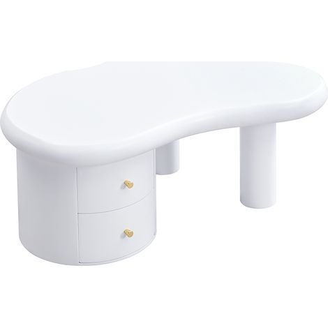 ELVMI Couchtisch mit 2 Schubladen, Organische Form, Abgerundete Kanten, für Wohnzimmer, aus MDF, 97 × 64 × 42 cm, Weiß (1/4)