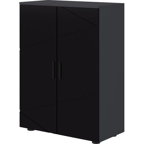 Meuble de salle de bain avec 2 portes en bois, 3 étagères et fermeture amortie, 60 x 30 x 82 cm, noir brillant