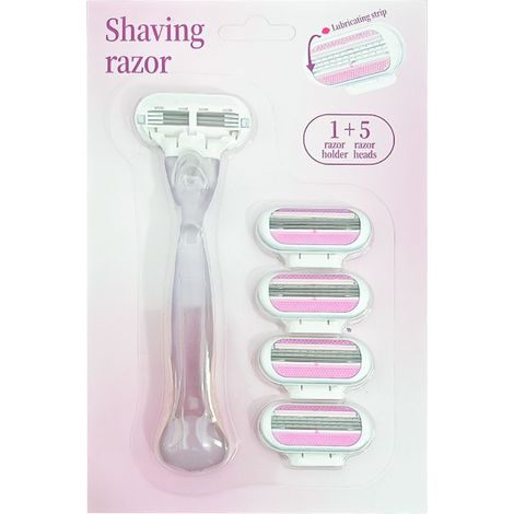 Rasoir manuel triple en acier inoxydable pour femmes (un manche rétro triple rose + cinq lames triples roses) - Convient pour les poils des aisselles, des jambes et des bras. (1/4)