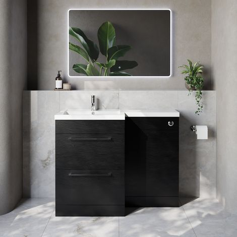 Napoli 460 Nero Oak 1100mm 2 Drawer Vanity Unit Toilet Suite with Left Hand Square Lucia Basin - 1100mm - Chrome 320mm HandleWithout Kingston Toilet Pan