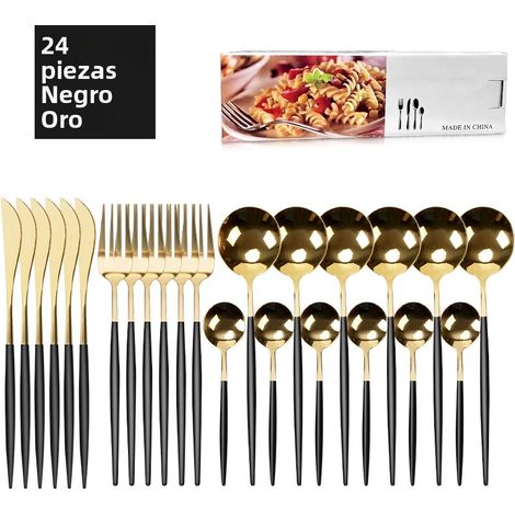 (Noir et Or) Ensemble de couverts en acier inoxydable 24 pièces, comprenant un couteau, une cuillère, une fourchette et des couverts argentés de style occidental. (1/5)