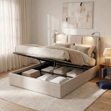 Lit coffre double 160x200 cm avec 2 lampes de lecture et USB, sommier relevable hydraulique, tissu lin beige