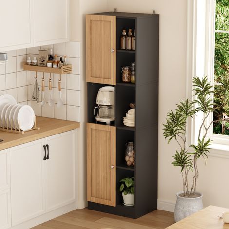 Armario esquinero de cocina alto con 6 estantes abiertos, 2 puertas y baldas ajustables, negro y madera clara, con anclaje antivuelco para cocina o comedor – CHICFURN (1/5)