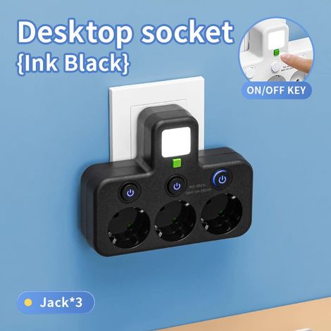 Multiprise de bureau noire 3 prises électriques avec interrupteurs individuels marche arrêt puissance maximale 2500 W prise multiple compacte pour maison bureau et espace de travail (1/2)