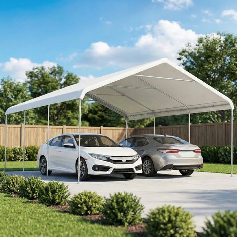 Carpa Garaje Portátil 5x6 m con Estructura de Acero Galvanizado Impermeable Anti-UV Cobertizo para Herramientas Crema (1/5)