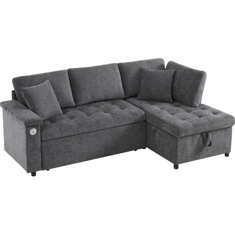 Canapé d’angle moderne en L avec canapé-lit extensible, fonction couchage, espace de rangement, chargeur USB, tablette d’accoudoir et 2 coussins, adapté au salon, etc., gris. (1/5)