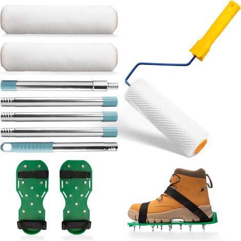 Kit D'outils de Ciment Autonivelant, Rouleau Debulleur Ragreage 23 cm, 2 Rouleau Peinture (1 poignée), Perche Telescopique 1,5 m et Chaussures à Pointes, Kit Ragreage pour le Nivellement des Sols (1/5)