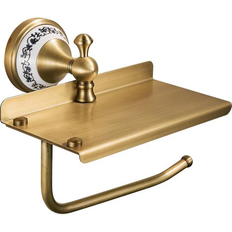 1 Support papier toilette avec étagère téléphone, laiton bronze antique, design porcelaine, accessoires salle de bain (1/5)