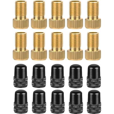 Lot de 10 adaptateurs en laiton pour valves Presta + 10 bouchons de valve Schrader pour vélo Presta vers Schrader AV - Adaptateur de valve de vélo (1/5)