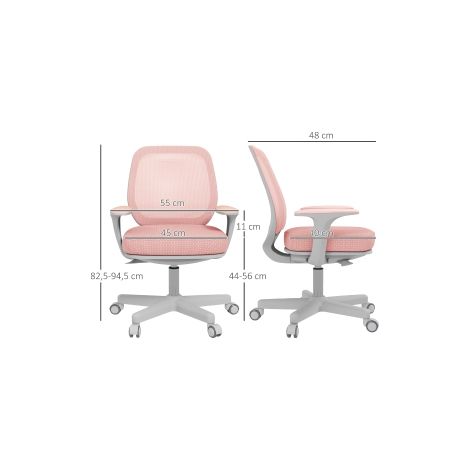 Chaise de bureau rose ergonomique avec rotation à 360 et hauteur réglable, 55 x 48 x 82,5-94,5 cm, pour bureau, étude et télétravail (1/5)