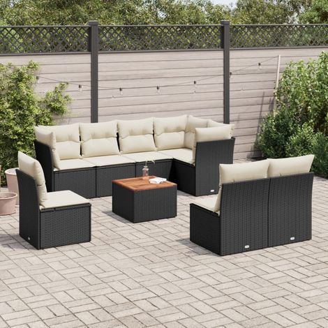Ensemble de jardin 9 places noir résine tressée avec table acacia et coussins crème - Salon extérieur modulaire 8 sièges + 1 table (1/3)