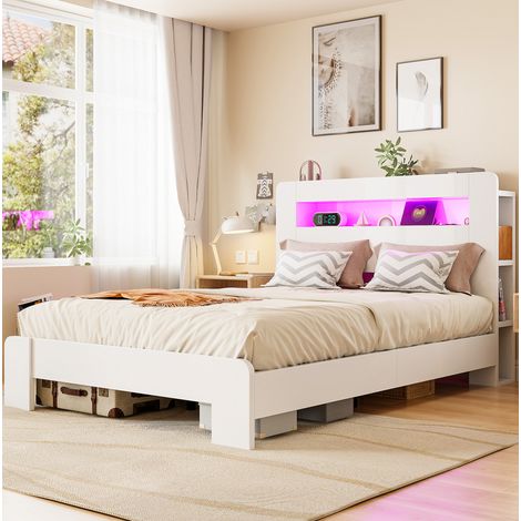 Lit plateforme 140 x 200 cm en bois blanc avec rangement de tête, LED et prises intégrées (1/5)