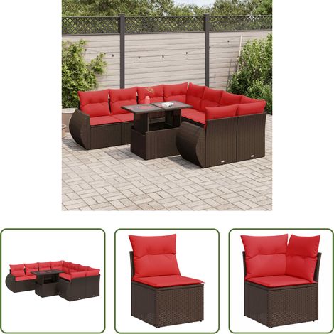 Gartentisch - 9-tlg. Garten-Sofagarnitur mit Kissen Braun Poly Rattan Akazie (1/5)