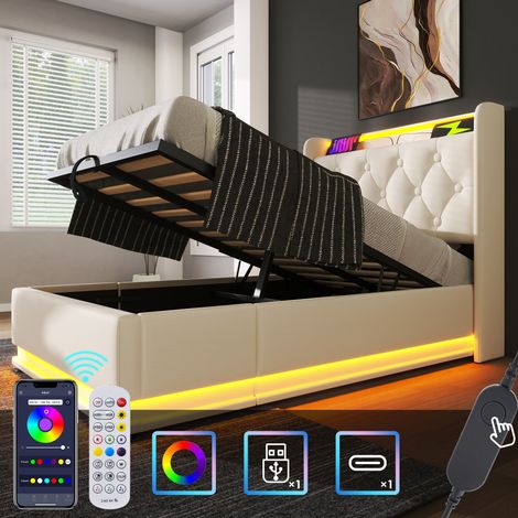 Polsterbett 90/200 cm weiß aus PU mit LED-Beleuchtung, Stauraum und USB Typ-C (1/5)