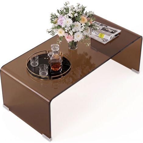 Table basse - HOMCOM - table de salon rectangulaire moderne bords arrondis sûrs - verre trempé - 80x45x35cm - marron transparent (1/5)