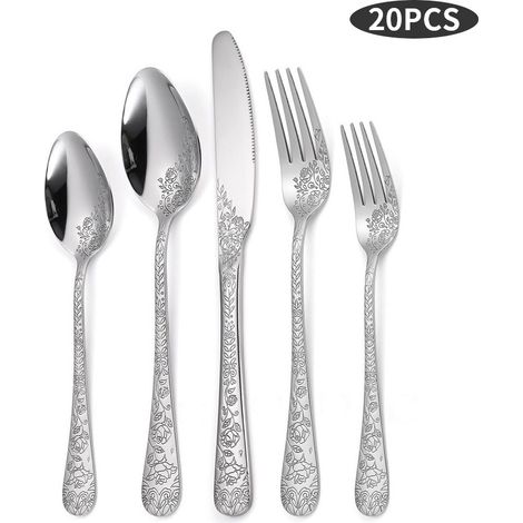 Service de Couverts en Acier Inoxydable pour 4 Personnes, 20 Pièces, Fleurs, Comprend Couteau, Fourchette, Cuillère de Cuisine(Argent)