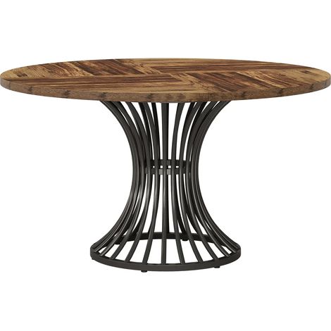 Mesa de comedor redonda de MDF y metal, 119 cm, marrón rústico y negro, para 6 personas (1/5)