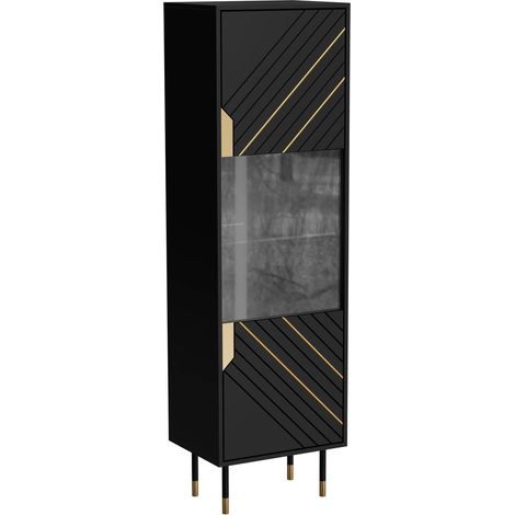 Vitrine Ippoliti, vitrine de salon avec portes vitrées et détails, surélevée du sol, 54x40 h180 cm, noir et or (1/4)