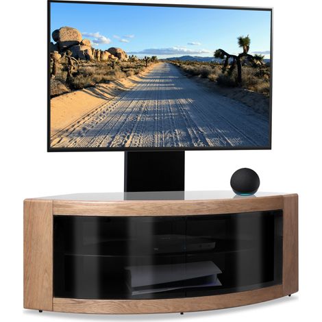 Homeology PANGEA Black/Oak Beam-Thru Curved True-Corner 32"-50" TV Cabinet with Mounting Arm (1/5)