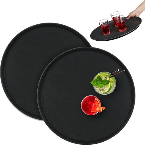 Relaxdays Set of 2 Serving Tray, Round Ø 45 cm, Bar Drinks Plate, Non-Slip Surface, Waiter's Catering, Versatile, Black
