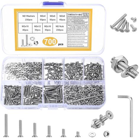 700 Pcs M2 Vis Boulons et Écrous et Rondelles Set, Vis à Tête Fraisée à Six Pans Creux, Boulons Visser à Creuse Hexagonale, Visser à Tête Plate en Acier Inoxydable Assortiment Kit (1/5)