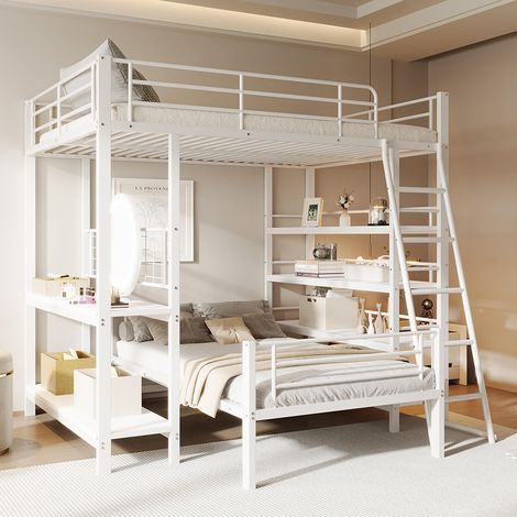 Lit superposé, cadre en métal, lit en mezzanine, 140200, lit multifonctionnel avec plusieurs compartiments de rangement, blanc (1/5)