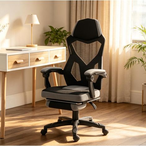 Silla gaming ergonómica de oficina con respaldo alto y reposapiés plegable negro y gris (1/5)