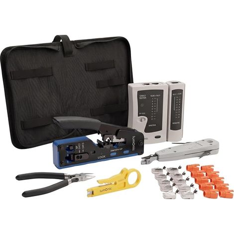 Kit d'outils réseau comprenant une pince à sertir et un testeur de réseau - pince à sertir « pass-through » et connecteurs, outil de pose LSA pour et 110, testeur de réseau RJ45/RJ11 (1/5)