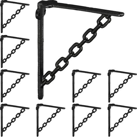Relaxdays Set 10x Shelf Brackets, Cast Iron, Rack Support, Chain Motif, HWD: 18 x 4 x 21.5 cm, Angle for Shelves, Black