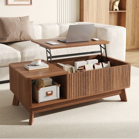 Table basse relevable en MDF couleur noyer avec compartiment ouvert et rangement caché (1/5)