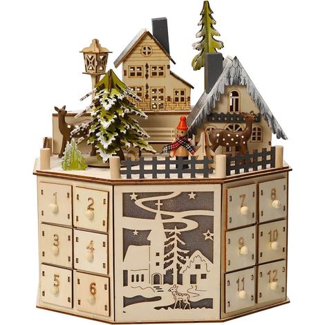Adventskalender 2025 aus Holz zum Befüllen – Zauberschloss mit LED-Lichtern und Glockenspiel – Wiederverwendbare Weihnachtsdekoration mit 24 Fächern – Geschenkidee für Erwachsene (1)
