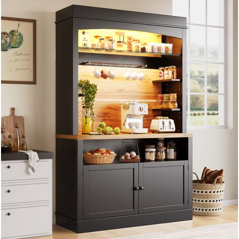 Aparador de cocina, aparador alto 107x43x184 cm, aparador con iluminación LED, 2 puertas, estante abierto, en MDF, negro (1/5)