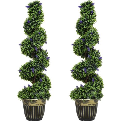 Lot de 2 plants de buis spiralés résistants aux UV avec lavande, 115 cm, vert et bleu