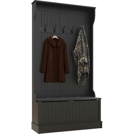Porte-manteau avec banc de rangement pour chaussures et 5 crochets, style moderne, 96 x 34 x 179,7 cm, noir (1/5)