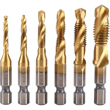 Lot de 6 tarauds filetés, filetage métrique M3-M10 avec revêtement en titane HSS et embouts de taraudage 1/4" queue hexagonale cannelée (1/5)