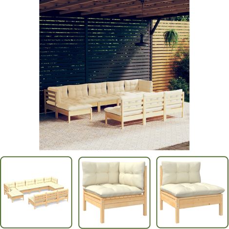 The Living Store 10-tlg. Garten-Lounge-Set mit Creme Kissen Kiefernholz - Gartenzubehör - Lounge Set - Gartenmöbel - Outdoor Möbel - Rattan Gartenmöbel (1/5)