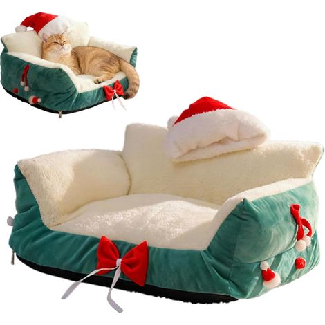 Katzenbett 60x40x30cm Weihnachtssofa, verstellbar, mit Plüsch-Weihnachtsmannmütze, bequem, rutschfest, waschbar, grün - SONSTIGES (1/4)