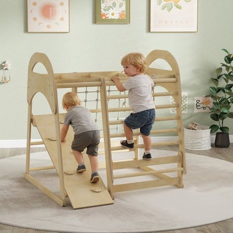 Aire de jeux d'intérieur 6-en-1 en bois, 120 x 108 x 126 cm, naturel HAVRYA (1/5)