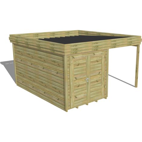 ABRI DE JARDIN bois Pin autoclave 27mm - 4,14x4,34m / 18m2 - Bac acier - Plancher bois (1/5)